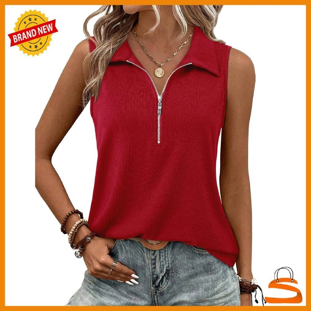 Ribbed V-Neck Zipper Tank Top - Polyester Rayon Spandex - Work Casual
